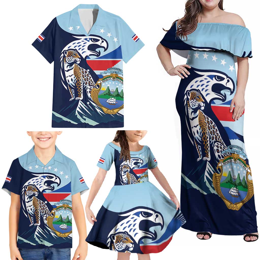 Costa Rica Jaguar Guaria Morada Family Matching Off Shoulder Maxi Dress and Hawaiian Shirt