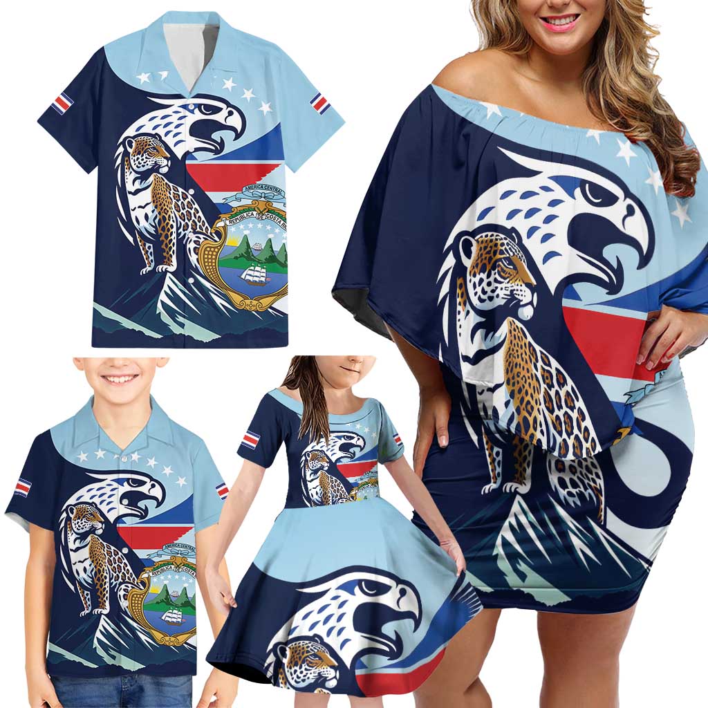 Costa Rica Jaguar Guaria Morada Family Matching Off Shoulder Short Dress and Hawaiian Shirt
