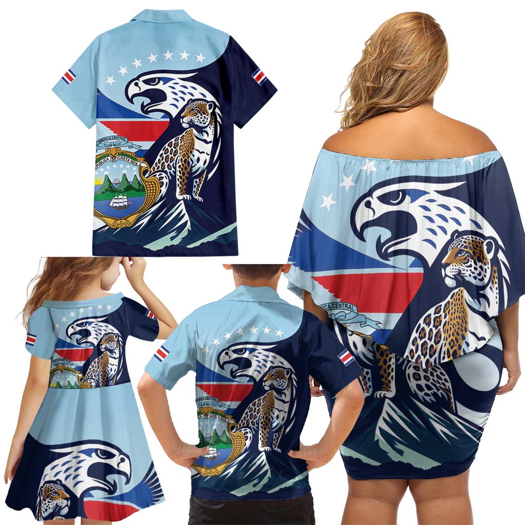 Costa Rica Jaguar Guaria Morada Family Matching Off Shoulder Short Dress and Hawaiian Shirt