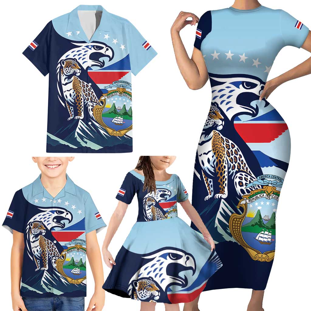 Costa Rica Jaguar Guaria Morada Family Matching Short Sleeve Bodycon Dress and Hawaiian Shirt