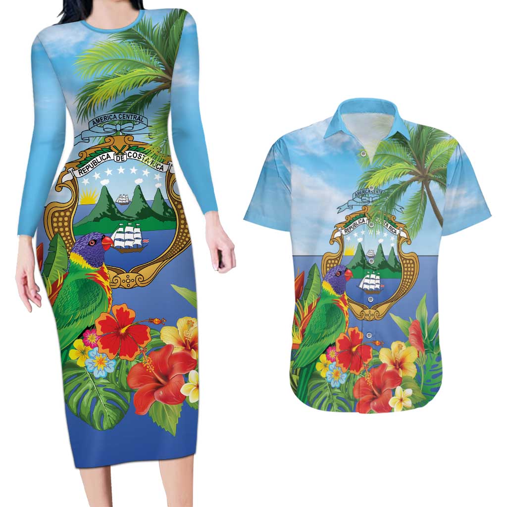 Costa Rica Parrot Tropical Flowers Couples Matching Long Sleeve Bodycon Dress and Hawaiian Shirt