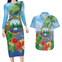Costa Rica Parrot Tropical Flowers Couples Matching Long Sleeve Bodycon Dress and Hawaiian Shirt