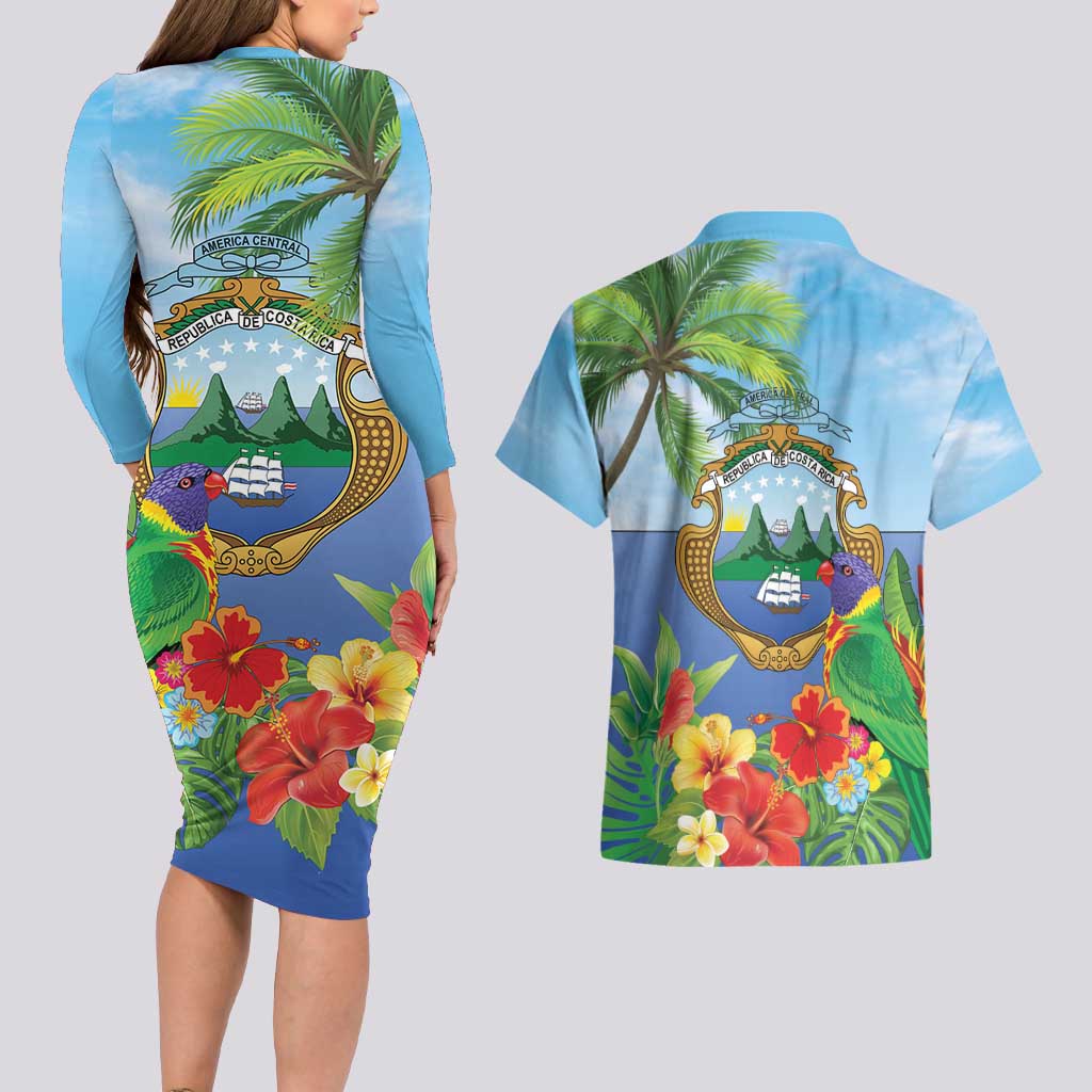 Costa Rica Parrot Tropical Flowers Couples Matching Long Sleeve Bodycon Dress and Hawaiian Shirt
