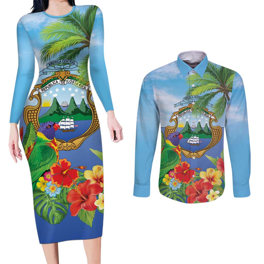 Costa Rica Parrot Tropical Flowers Couples Matching Long Sleeve Bodycon Dress and Long Sleeve Button Shirt