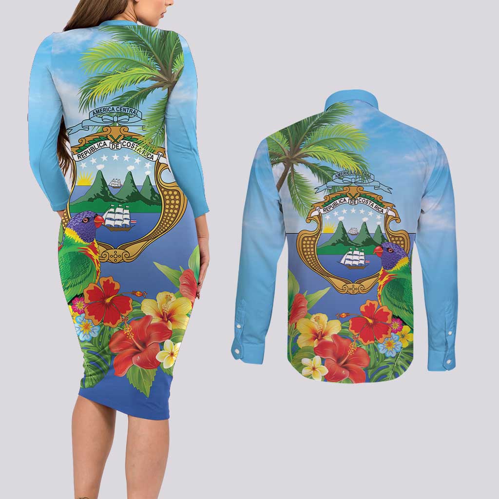 Costa Rica Parrot Tropical Flowers Couples Matching Long Sleeve Bodycon Dress and Long Sleeve Button Shirt