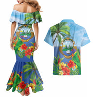 Costa Rica Parrot Tropical Flowers Couples Matching Mermaid Dress and Hawaiian Shirt