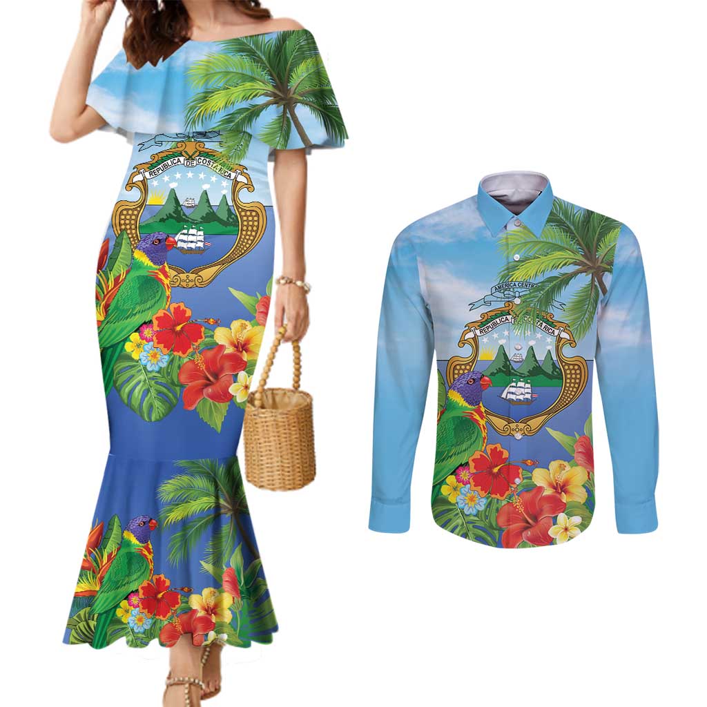 Costa Rica Parrot Tropical Flowers Couples Matching Mermaid Dress and Long Sleeve Button Shirt