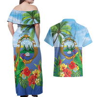Costa Rica Parrot Tropical Flowers Couples Matching Off Shoulder Maxi Dress and Hawaiian Shirt