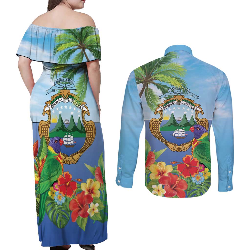 Costa Rica Parrot Tropical Flowers Couples Matching Off Shoulder Maxi Dress and Long Sleeve Button Shirt