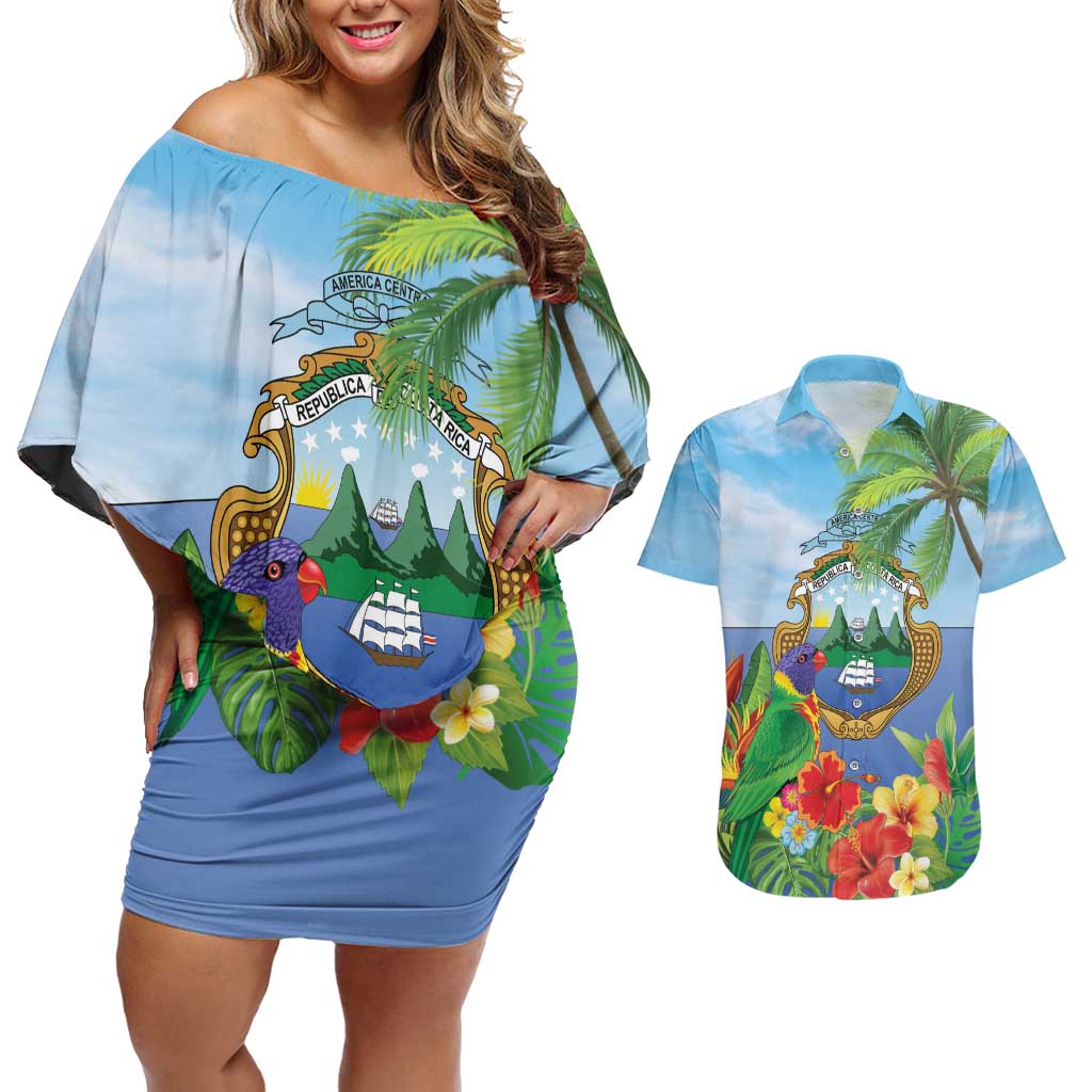 Costa Rica Parrot Tropical Flowers Couples Matching Off Shoulder Short Dress and Hawaiian Shirt