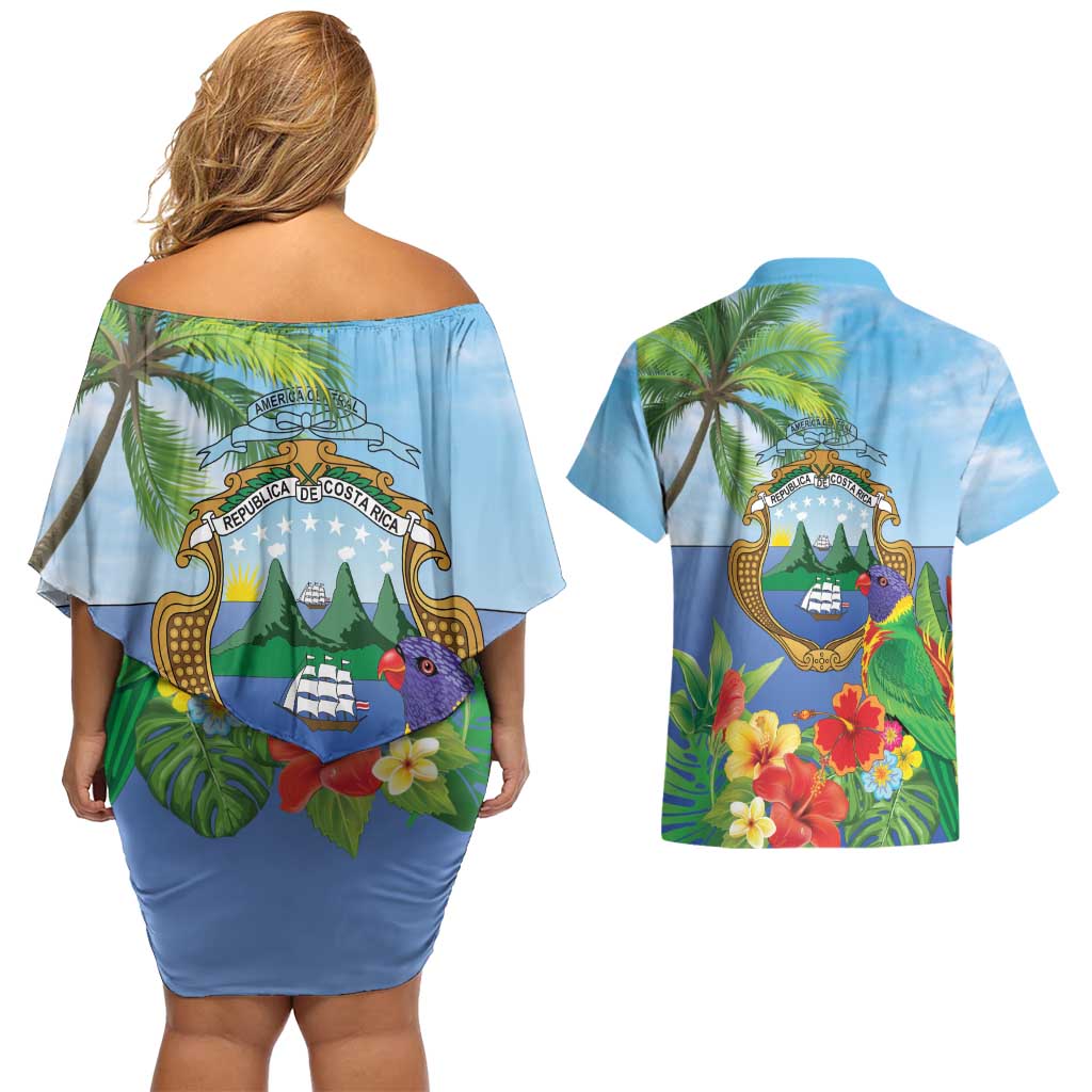 Costa Rica Parrot Tropical Flowers Couples Matching Off Shoulder Short Dress and Hawaiian Shirt
