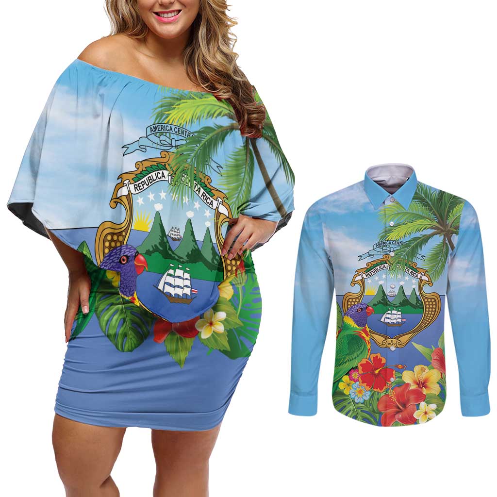 Costa Rica Parrot Tropical Flowers Couples Matching Off Shoulder Short Dress and Long Sleeve Button Shirt
