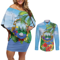 Costa Rica Parrot Tropical Flowers Couples Matching Off Shoulder Short Dress and Long Sleeve Button Shirt