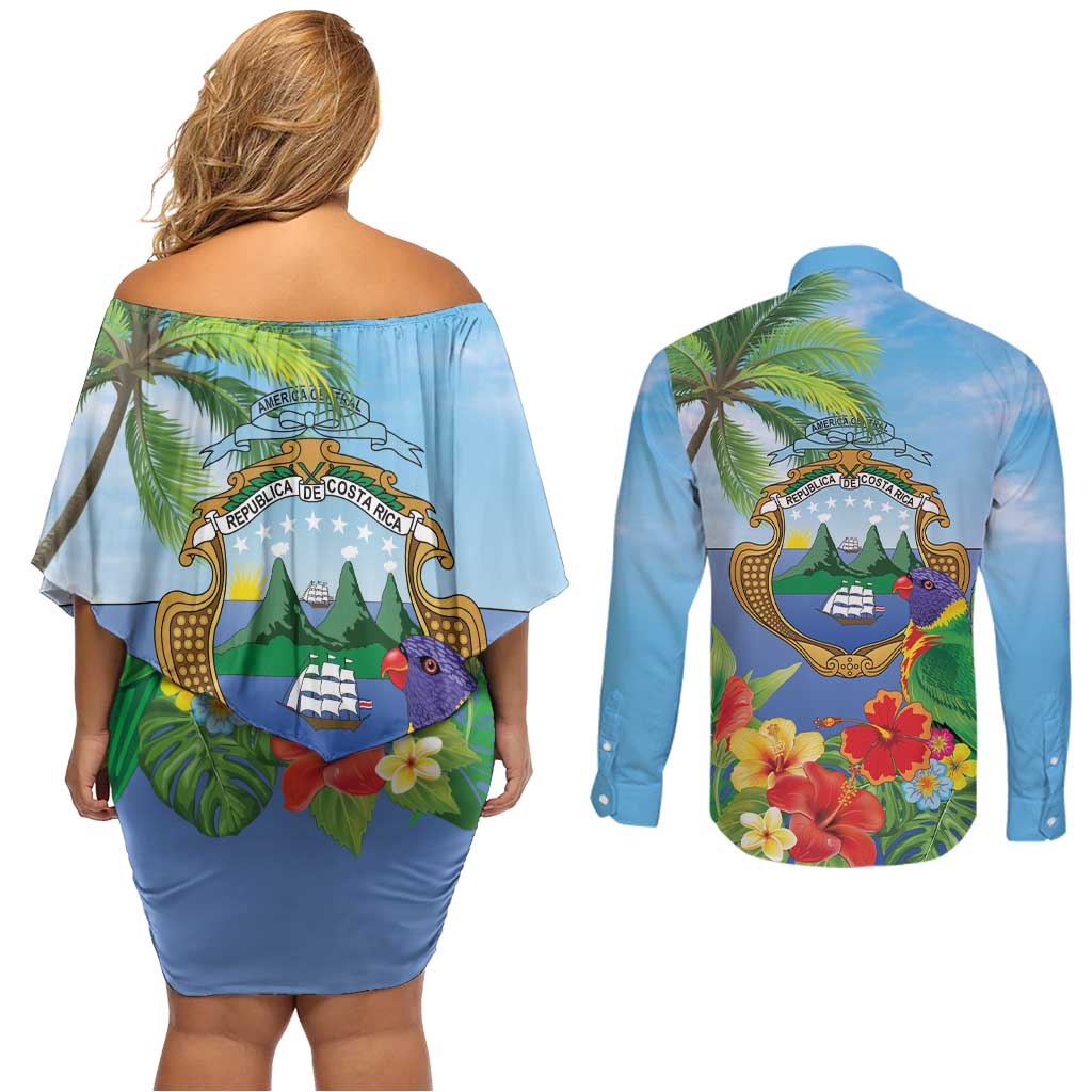 Costa Rica Parrot Tropical Flowers Couples Matching Off Shoulder Short Dress and Long Sleeve Button Shirt