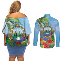 Costa Rica Parrot Tropical Flowers Couples Matching Off Shoulder Short Dress and Long Sleeve Button Shirt