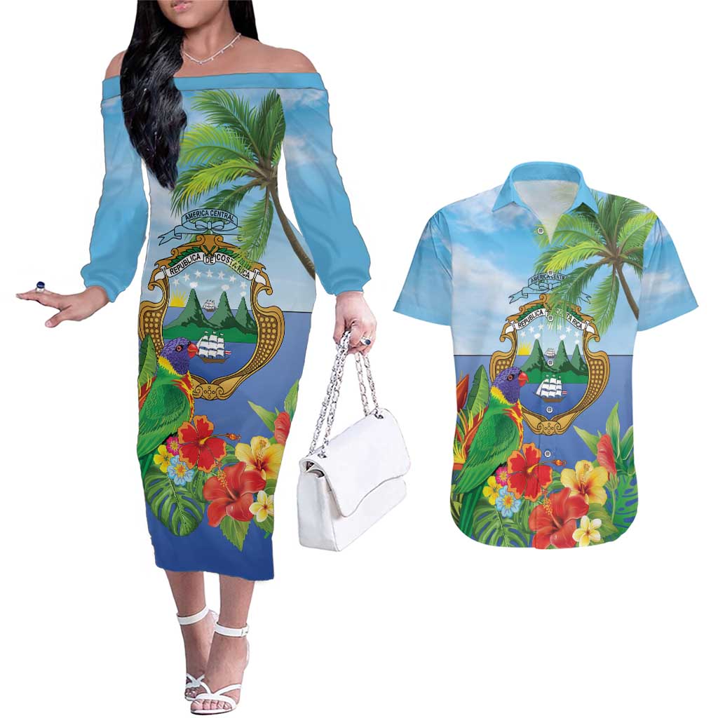 Costa Rica Parrot Tropical Flowers Couples Matching Off The Shoulder Long Sleeve Dress and Hawaiian Shirt