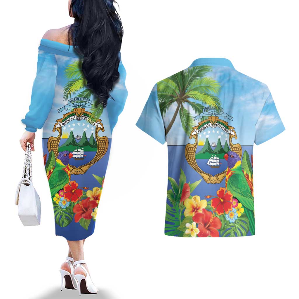 Costa Rica Parrot Tropical Flowers Couples Matching Off The Shoulder Long Sleeve Dress and Hawaiian Shirt