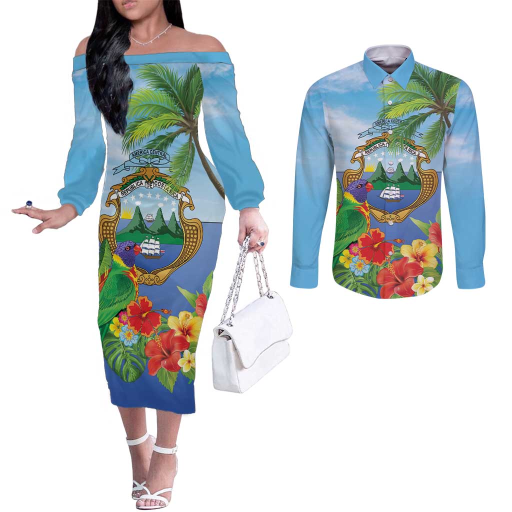 Costa Rica Parrot Tropical Flowers Couples Matching Off The Shoulder Long Sleeve Dress and Long Sleeve Button Shirt