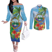 Costa Rica Parrot Tropical Flowers Couples Matching Off The Shoulder Long Sleeve Dress and Long Sleeve Button Shirt