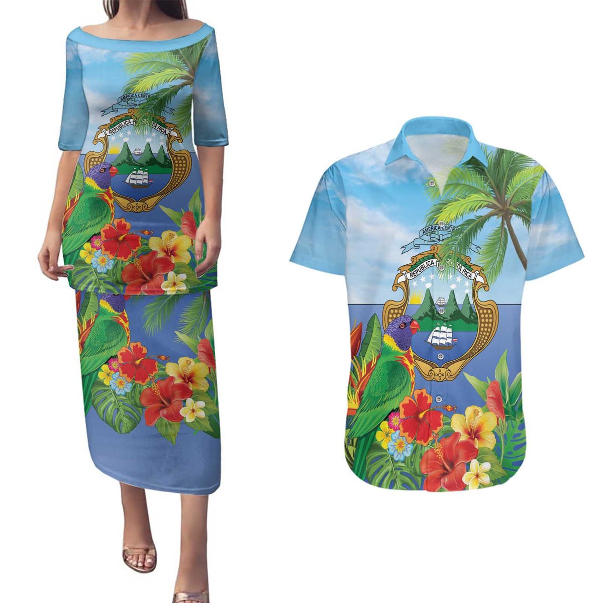 Costa Rica Parrot Tropical Flowers Couples Matching Puletasi and Hawaiian Shirt