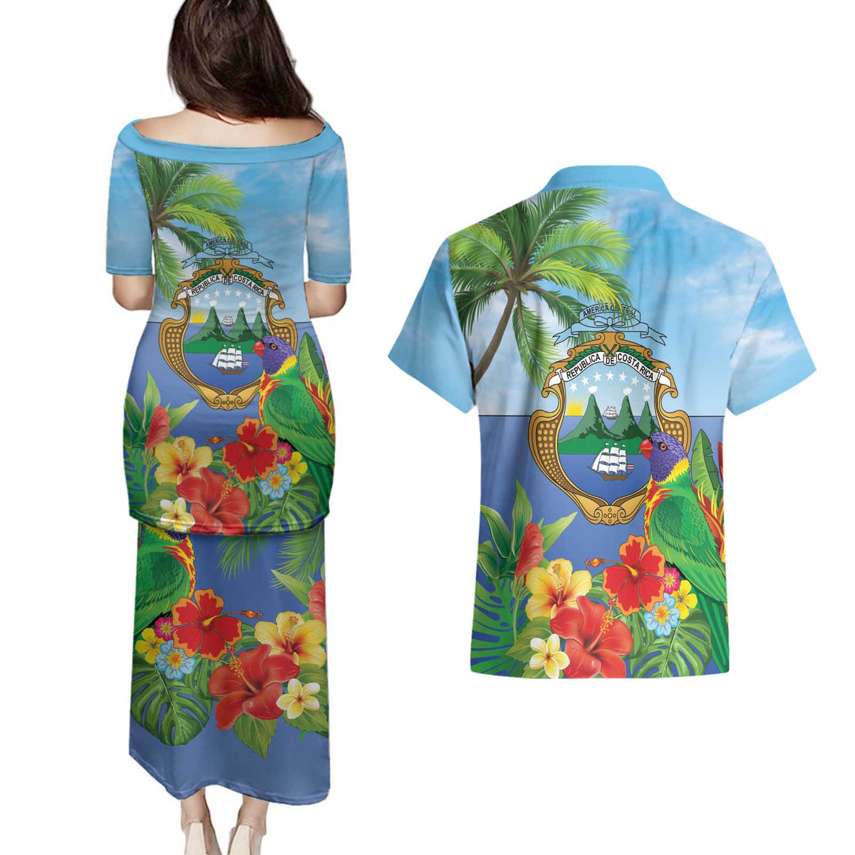 Costa Rica Parrot Tropical Flowers Couples Matching Puletasi and Hawaiian Shirt