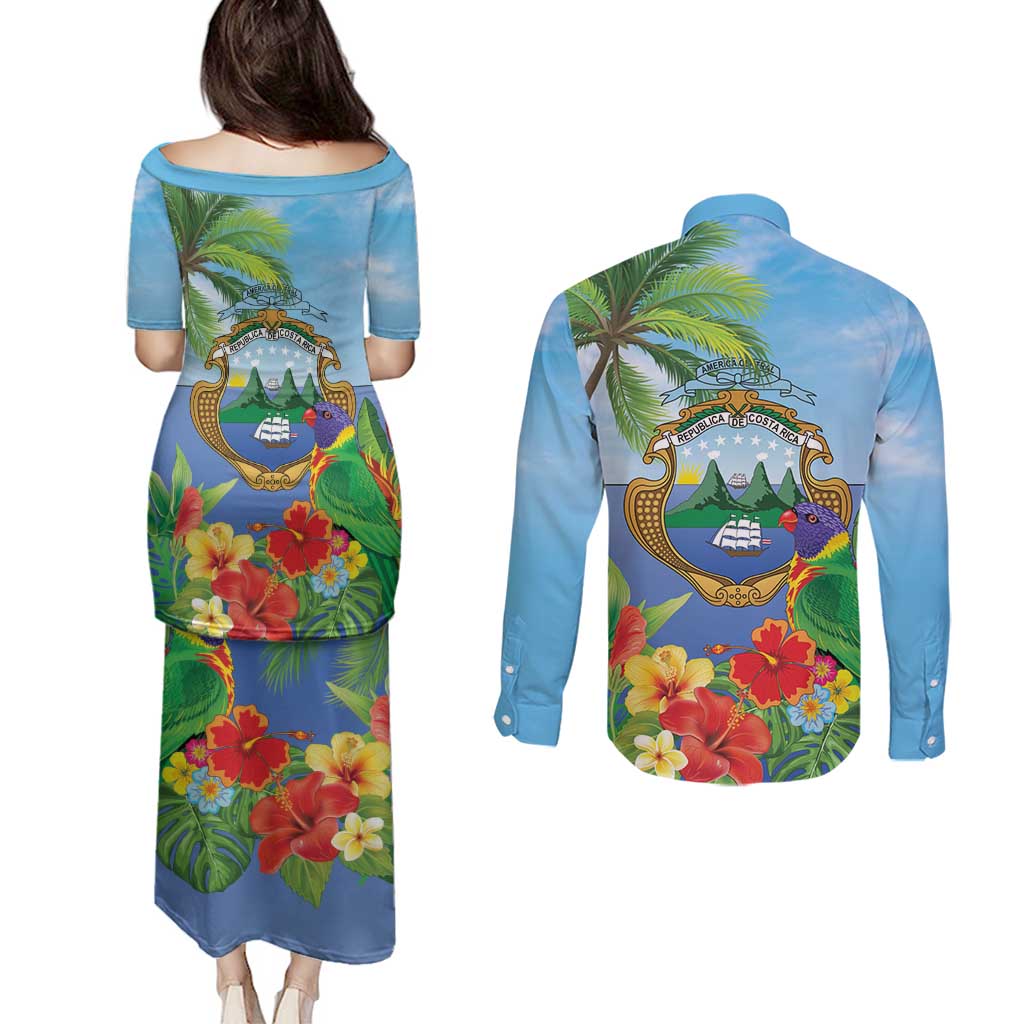 Costa Rica Parrot Tropical Flowers Couples Matching Puletasi and Long Sleeve Button Shirt