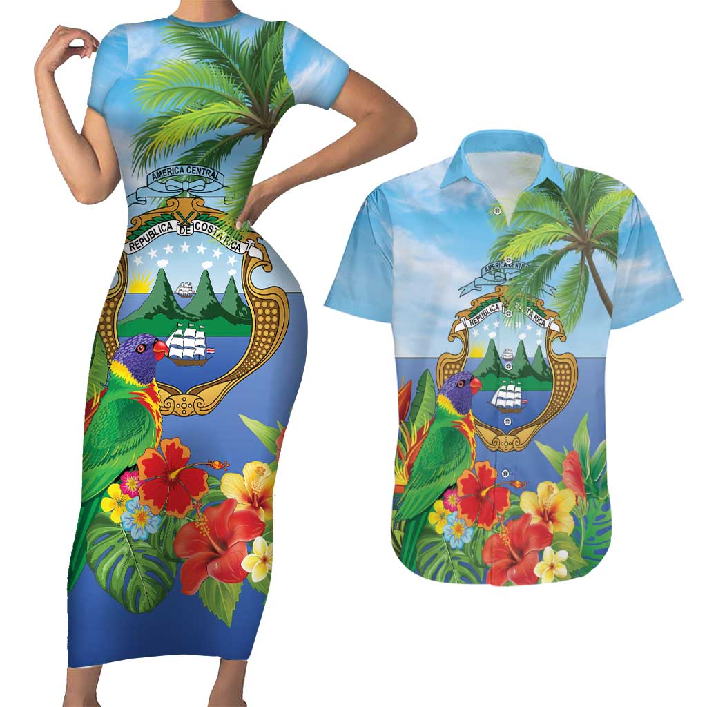 Costa Rica Parrot Tropical Flowers Couples Matching Short Sleeve Bodycon Dress and Hawaiian Shirt