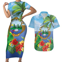 Costa Rica Parrot Tropical Flowers Couples Matching Short Sleeve Bodycon Dress and Hawaiian Shirt