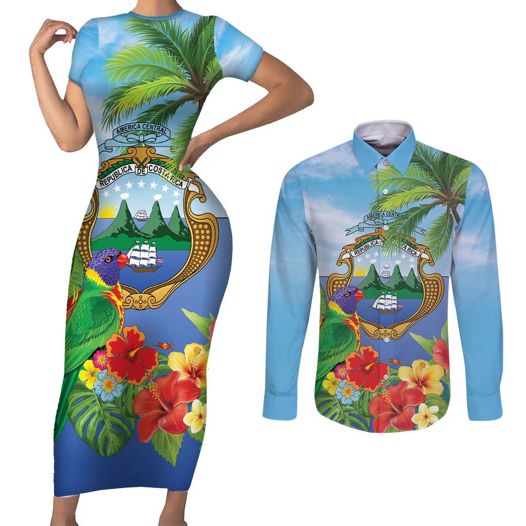 Costa Rica Parrot Tropical Flowers Couples Matching Short Sleeve Bodycon Dress and Long Sleeve Button Shirt