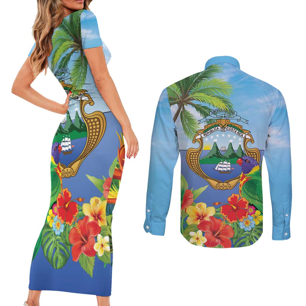 Costa Rica Parrot Tropical Flowers Couples Matching Short Sleeve Bodycon Dress and Long Sleeve Button Shirt