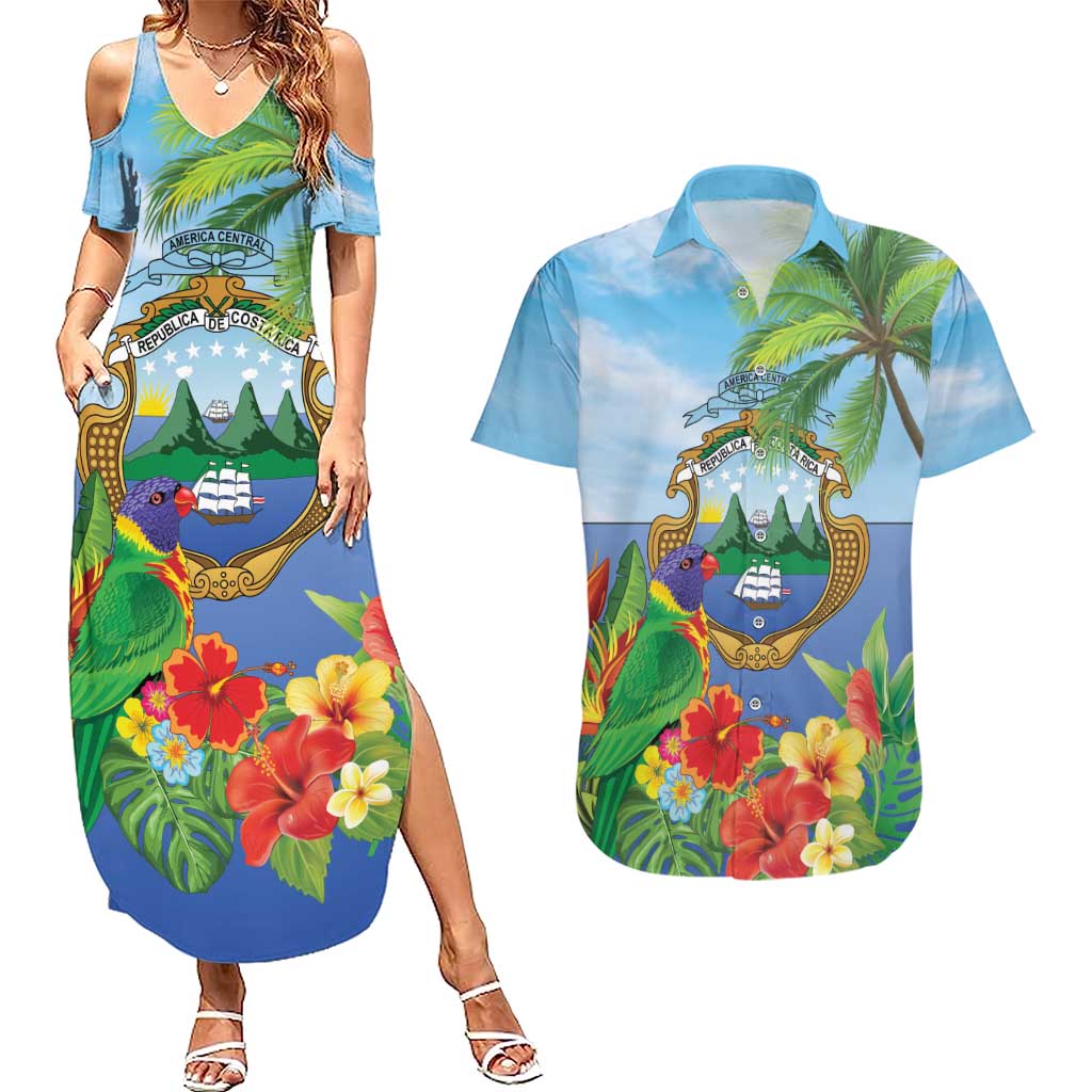 Costa Rica Parrot Tropical Flowers Couples Matching Summer Maxi Dress and Hawaiian Shirt
