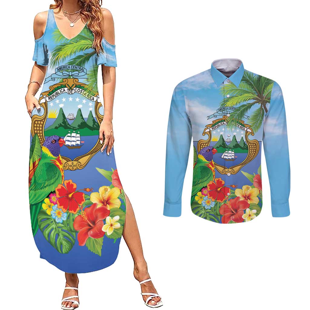 Costa Rica Parrot Tropical Flowers Couples Matching Summer Maxi Dress and Long Sleeve Button Shirt