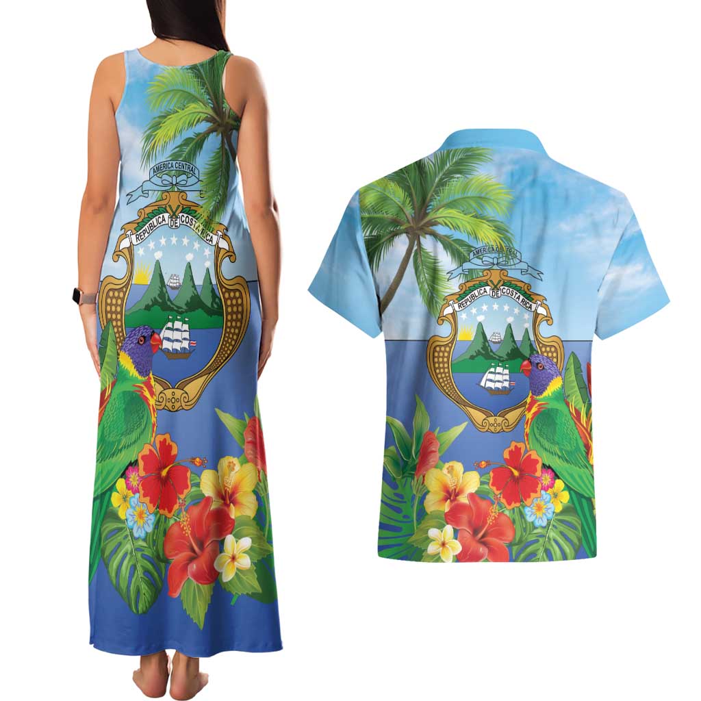 Costa Rica Parrot Tropical Flowers Couples Matching Tank Maxi Dress and Hawaiian Shirt