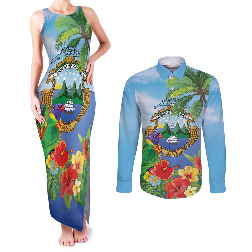 Costa Rica Parrot Tropical Flowers Couples Matching Tank Maxi Dress and Long Sleeve Button Shirt