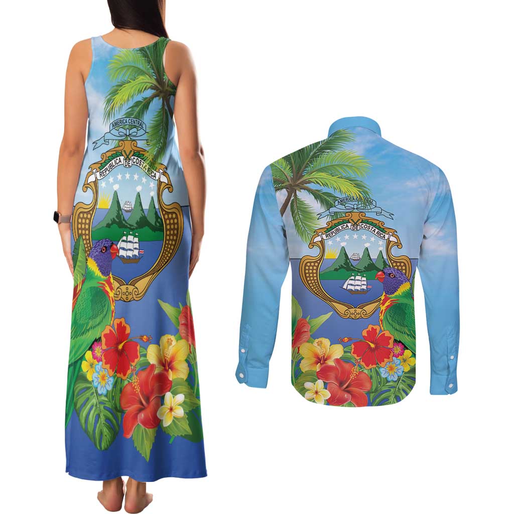Costa Rica Parrot Tropical Flowers Couples Matching Tank Maxi Dress and Long Sleeve Button Shirt