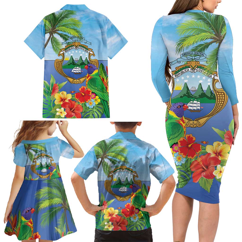 Costa Rica Parrot Tropical Flowers Family Matching Long Sleeve Bodycon Dress and Hawaiian Shirt