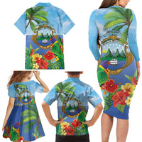 Costa Rica Parrot Tropical Flowers Family Matching Long Sleeve Bodycon Dress and Hawaiian Shirt