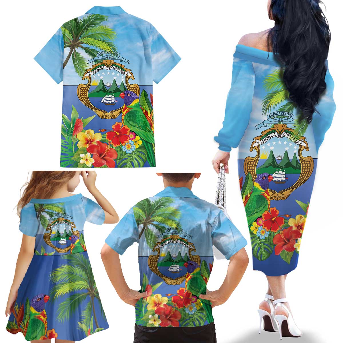 Costa Rica Parrot Tropical Flowers Family Matching Off The Shoulder Long Sleeve Dress and Hawaiian Shirt