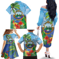 Costa Rica Parrot Tropical Flowers Family Matching Off The Shoulder Long Sleeve Dress and Hawaiian Shirt