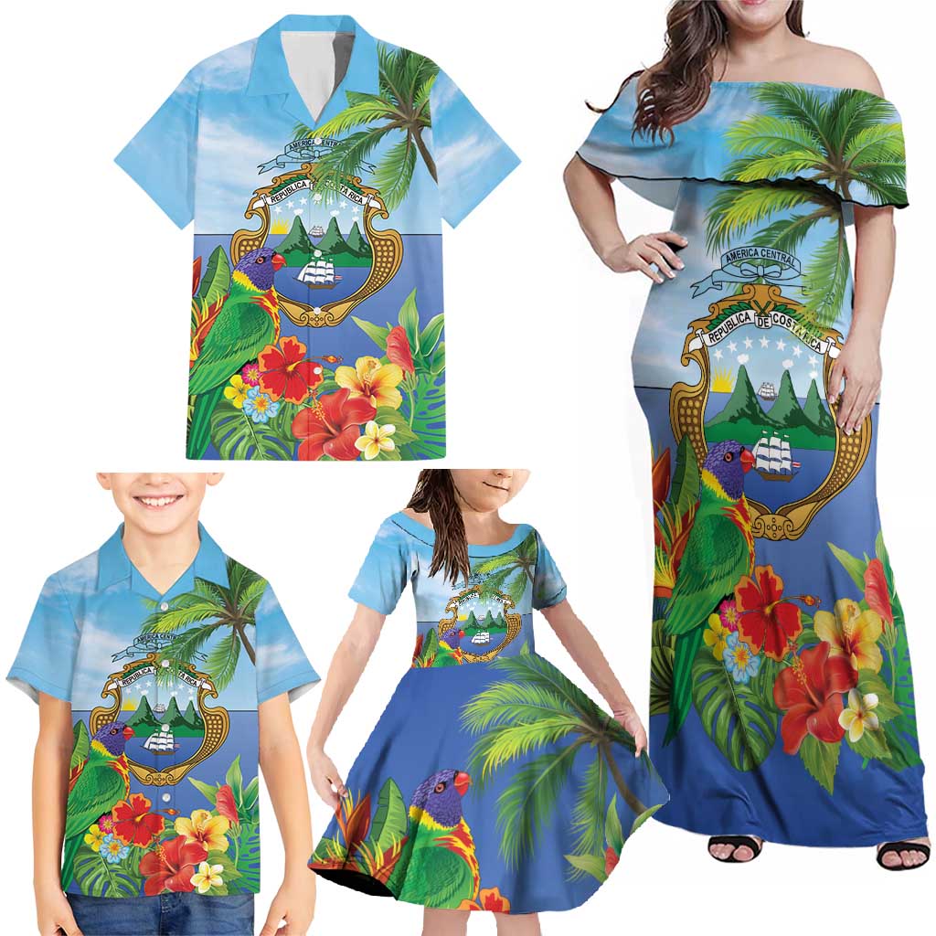 Costa Rica Parrot Tropical Flowers Family Matching Off Shoulder Maxi Dress and Hawaiian Shirt
