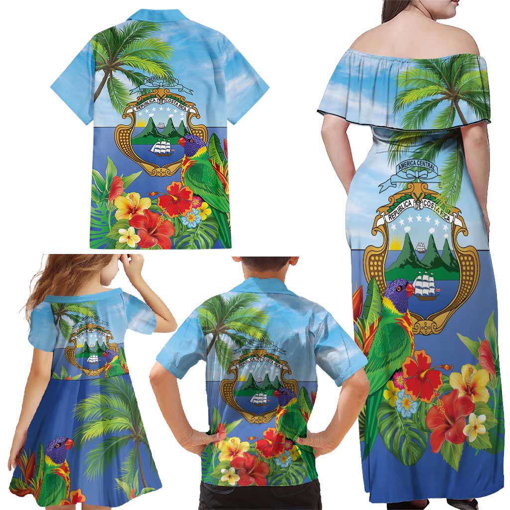 Costa Rica Parrot Tropical Flowers Family Matching Off Shoulder Maxi Dress and Hawaiian Shirt
