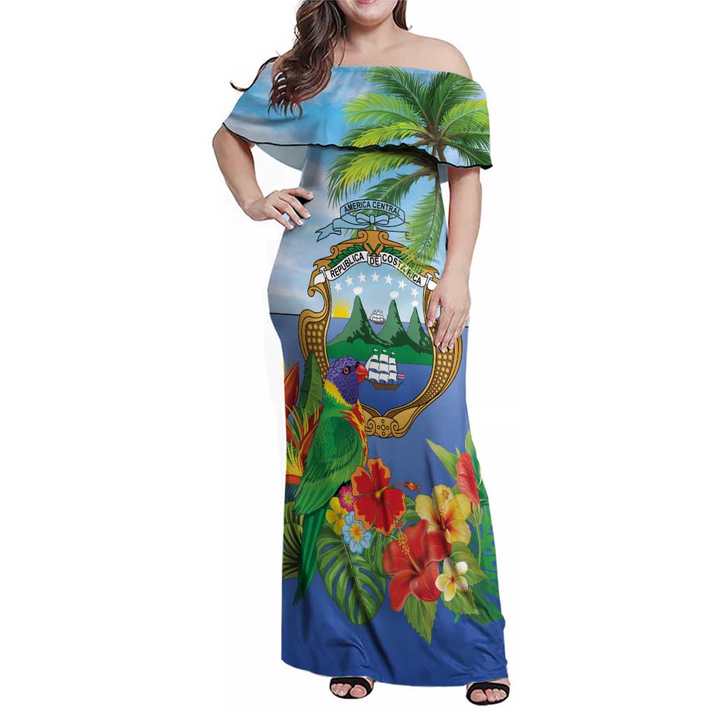 Costa Rica Parrot Tropical Flowers Family Matching Off Shoulder Maxi Dress and Hawaiian Shirt