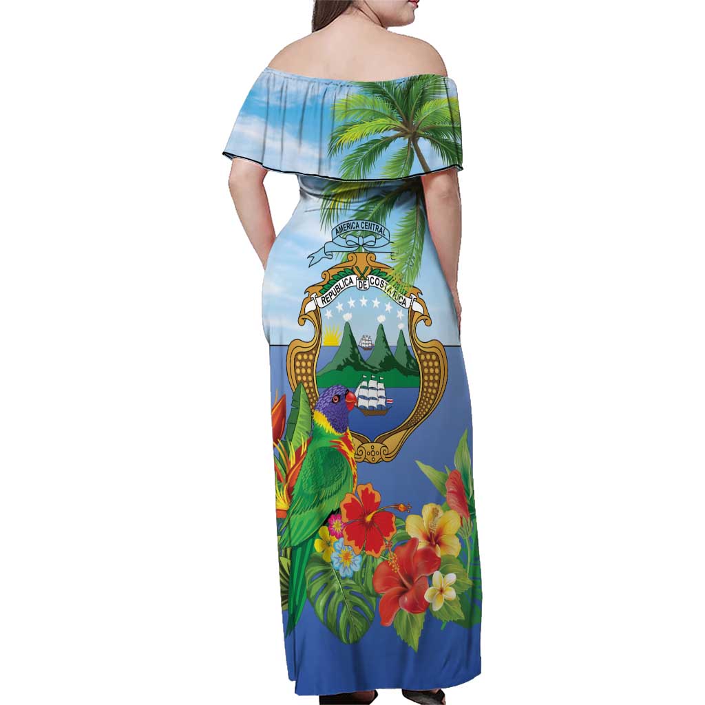 Costa Rica Parrot Tropical Flowers Family Matching Off Shoulder Maxi Dress and Hawaiian Shirt