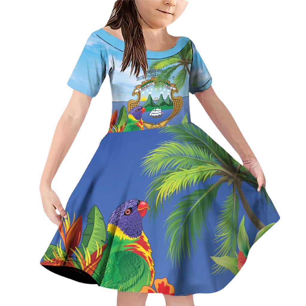 Costa Rica Parrot Tropical Flowers Family Matching Off Shoulder Short Dress and Hawaiian Shirt