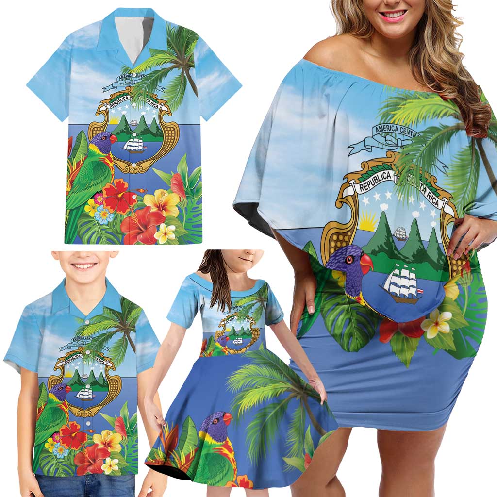 Costa Rica Parrot Tropical Flowers Family Matching Off Shoulder Short Dress and Hawaiian Shirt