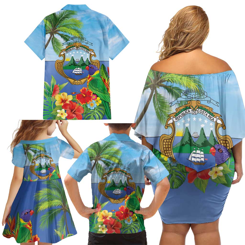 Costa Rica Parrot Tropical Flowers Family Matching Off Shoulder Short Dress and Hawaiian Shirt