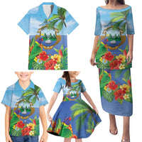 Costa Rica Parrot Tropical Flowers Family Matching Puletasi and Hawaiian Shirt