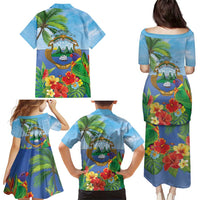 Costa Rica Parrot Tropical Flowers Family Matching Puletasi and Hawaiian Shirt