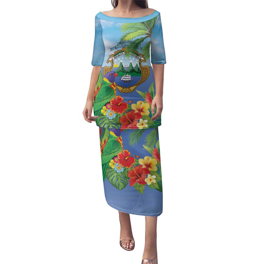 Costa Rica Parrot Tropical Flowers Family Matching Puletasi and Hawaiian Shirt