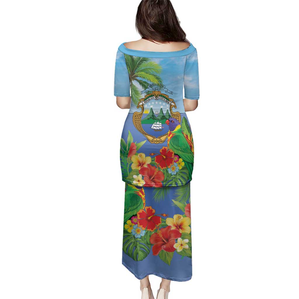 Costa Rica Parrot Tropical Flowers Family Matching Puletasi and Hawaiian Shirt